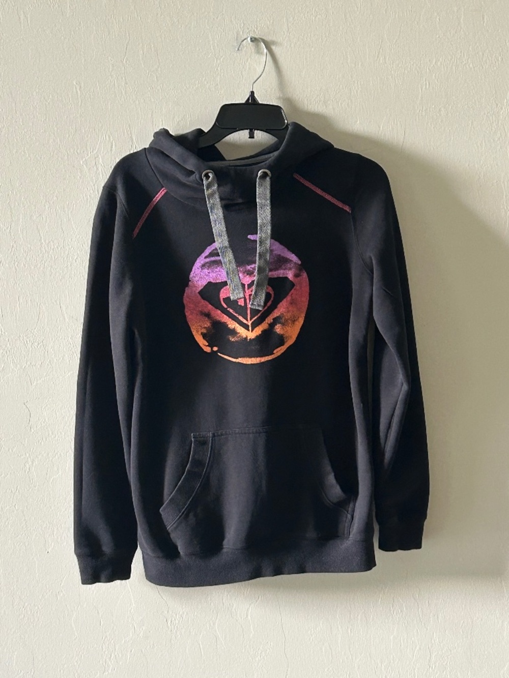 Roxy Hoodie S Black Watercolor Graphic Cowl Neck Fleece Pullover Y2K Surfskate